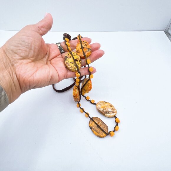 Adjustable Brown Suede Necklace With Precious Stones & Beads Orange Brown - Picture 3 of 7